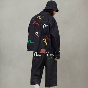 Evisu Denim Jacket Varsity Colorful Multi-Pocket Heavy Thick NWT w Evisu Bag